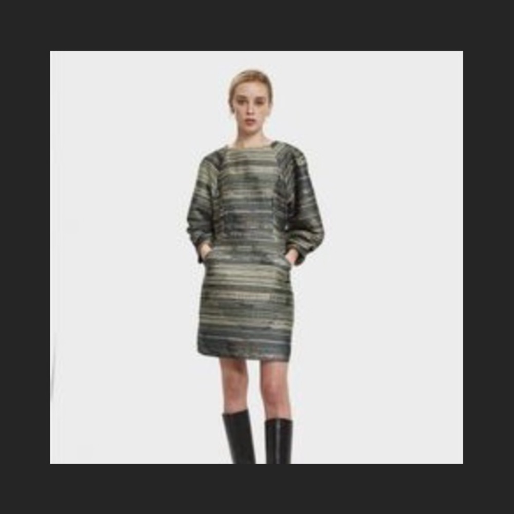 Rodebjer Puff Sleeve Green Metallic Striped Puff Sleeve Dress
